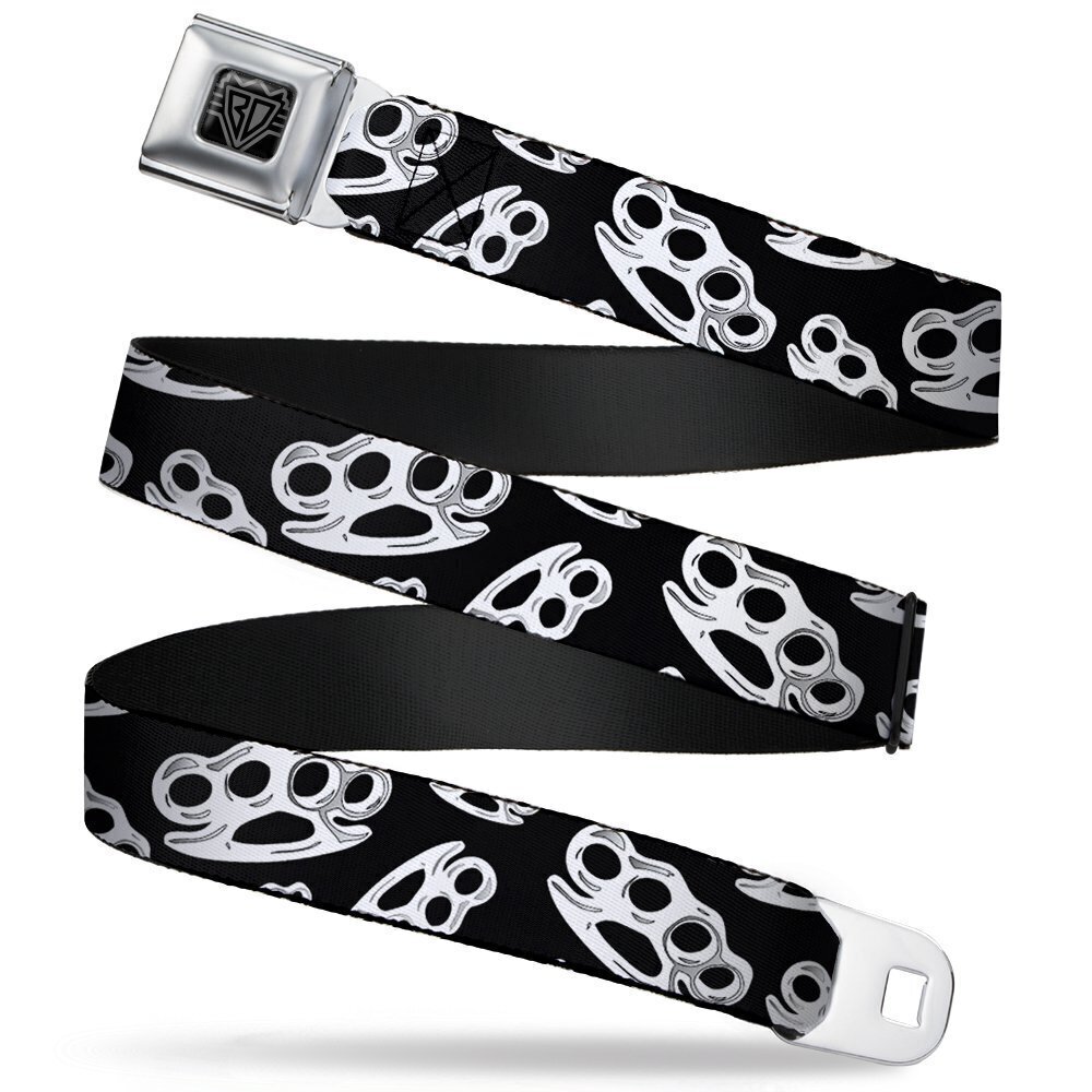 8862 Belt Seatbelt Buckle Belt Brass Knuckles Skulls Roses Black White